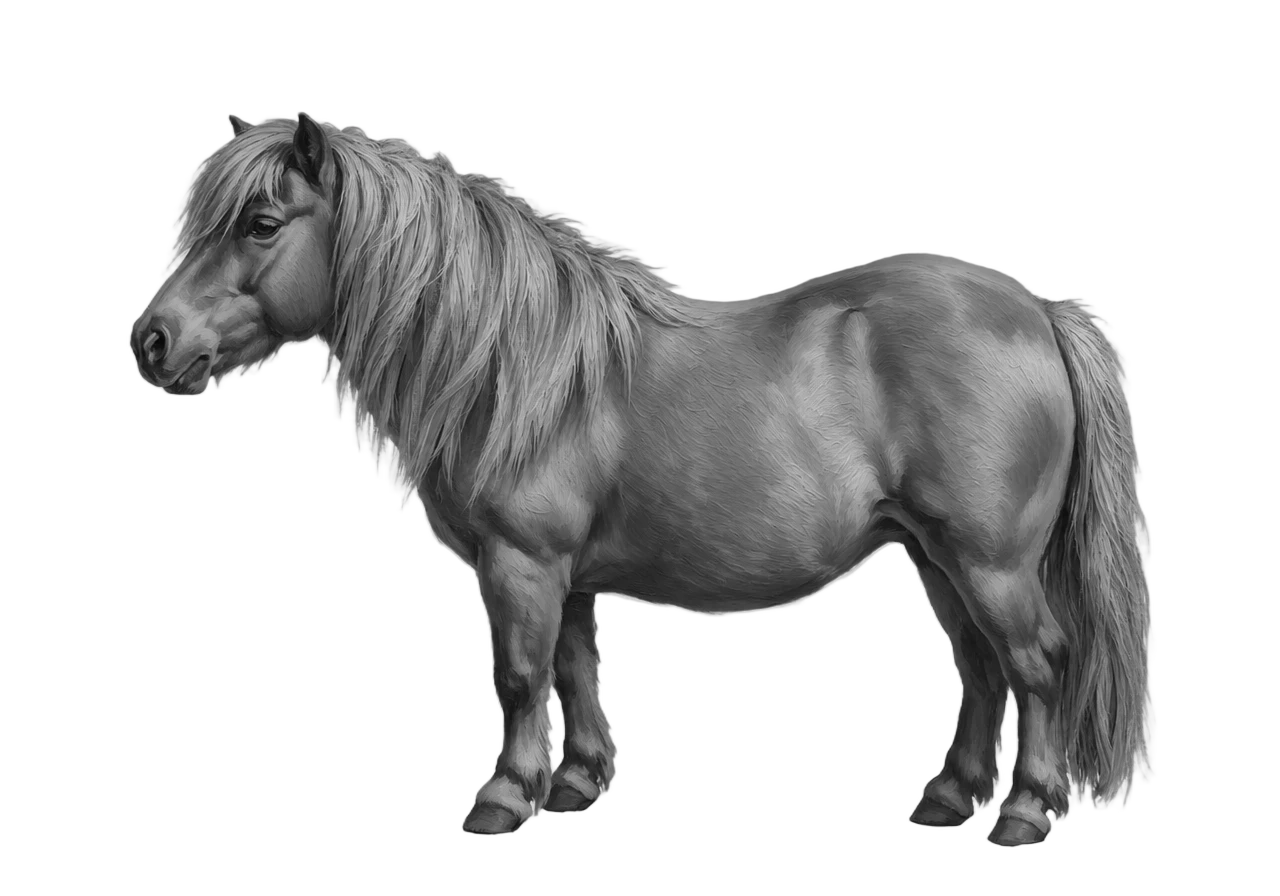 Side view of a Shetland Pony mare, Chestnut from e/e A/a n/n g/g. Star. Dark brown eyes.