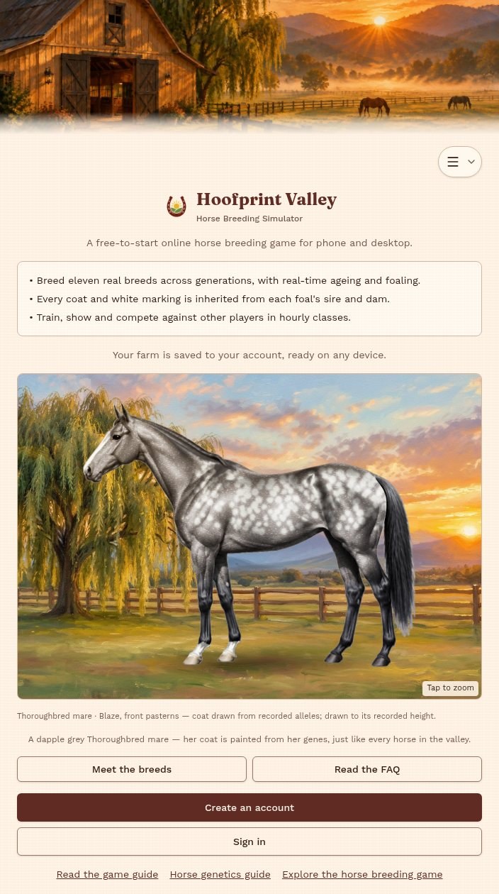 Inherited Hoofprints public welcome screen with a gene-painted dapple grey Thoroughbred mare