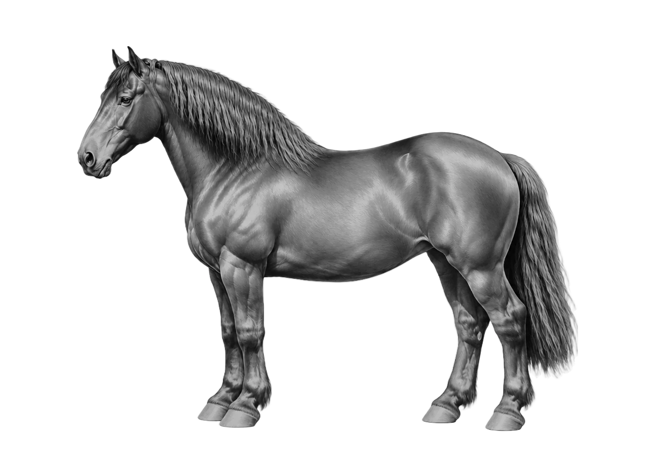 Side view of a Percheron mare, Grey (born black) — G whitens the coat with age, 31% lightened at 7y. front pasterns, hind coronets. Dark brown eyes.