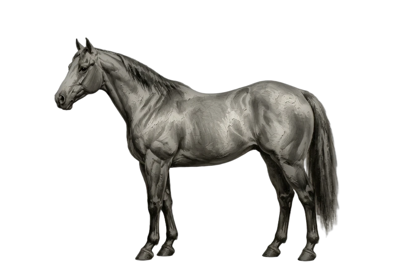 Side view of a Stock Horse mare, Chestnut from e/e A/a n/n g/g. Star, hind stockings. Dark brown eyes.
