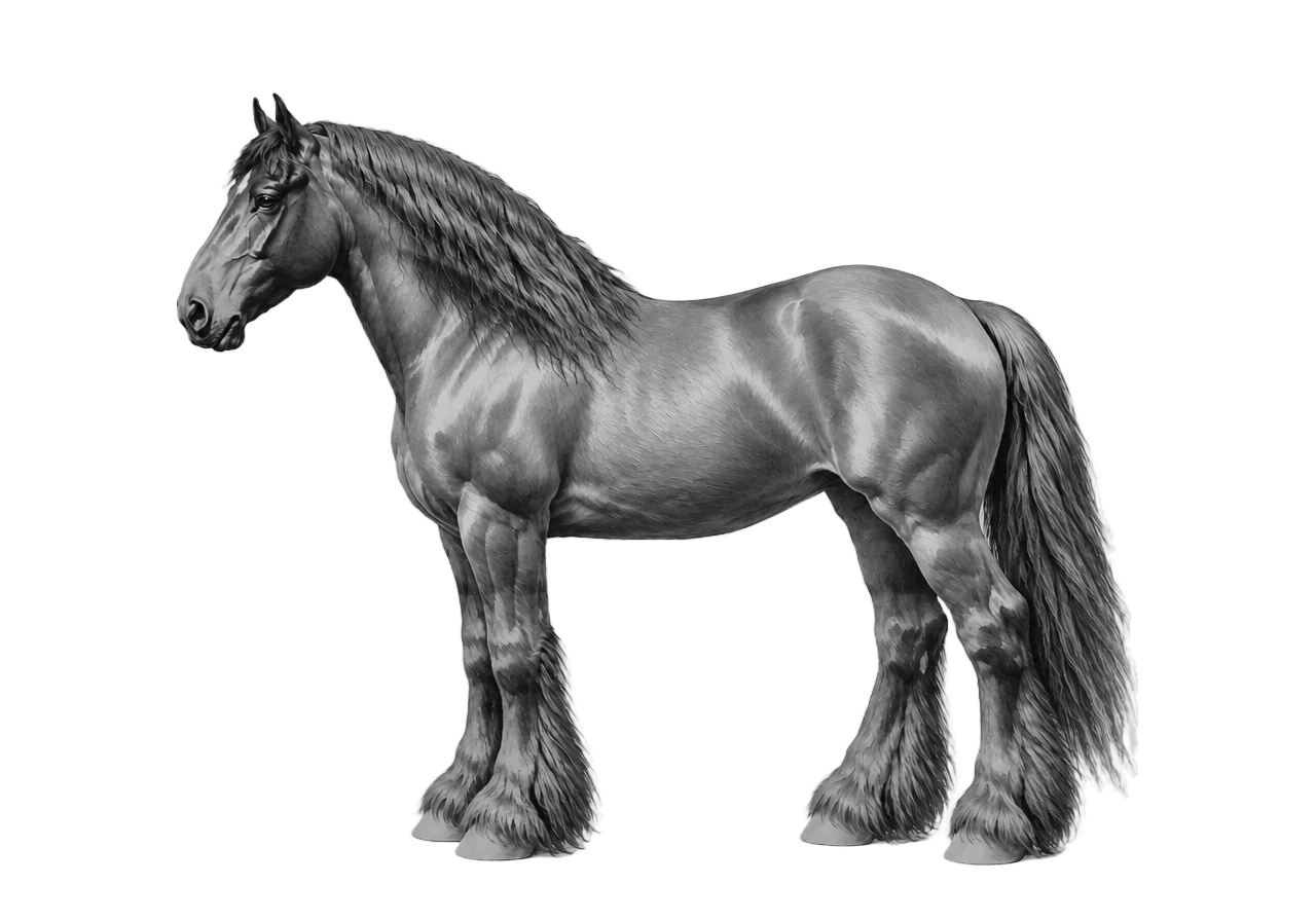 Side view of a Clydesdale mare, Bay from E/e A/a n/n g/g. Wide blaze, front socks, hind stockings, white spotting modifier w20. Dark brown eyes.