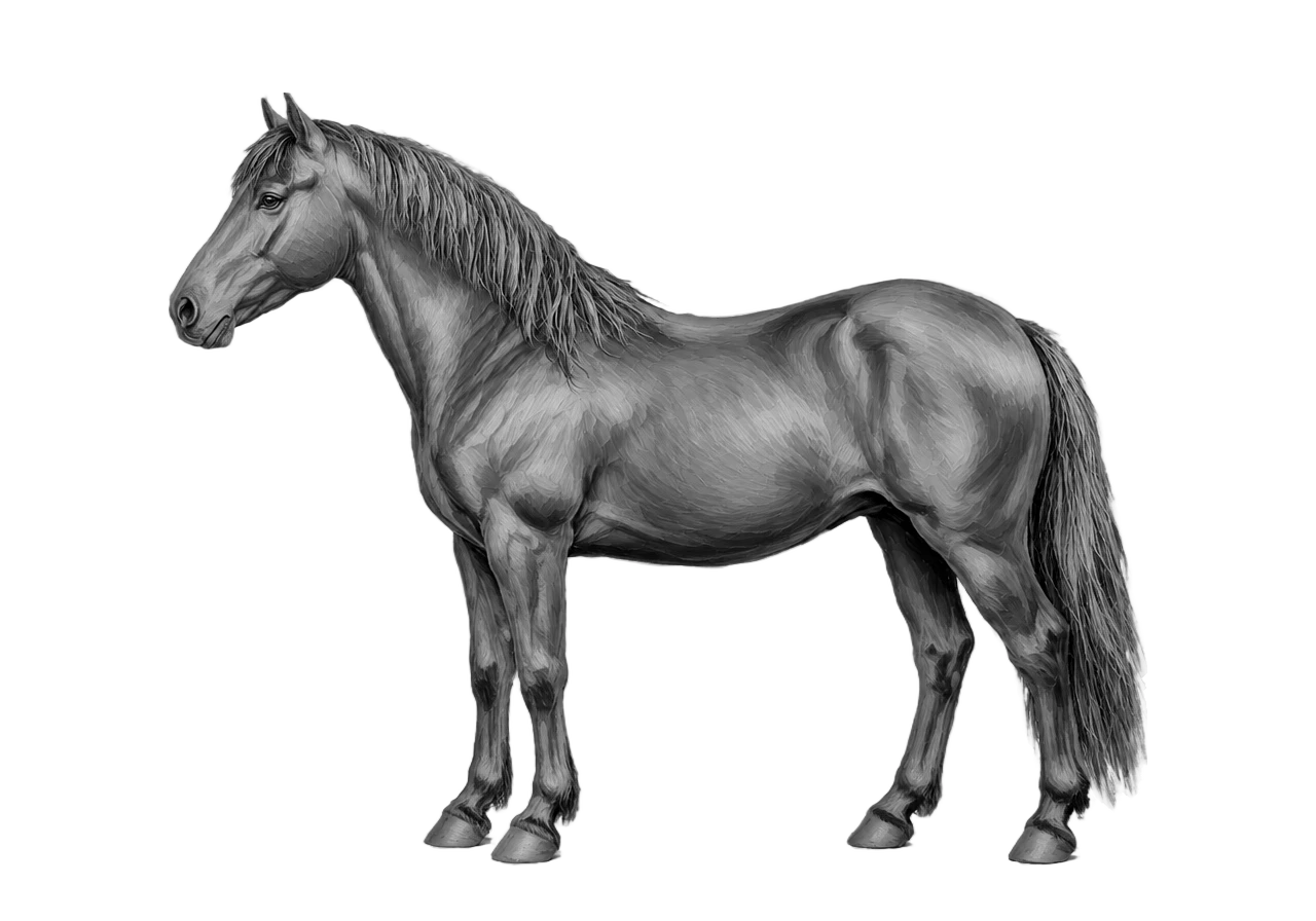 Side view of a Connemara mare, Grey (born bay) — G whitens the coat with age, 31% lightened at 7y. Blaze, front socks, hind pasterns. Dark brown eyes.