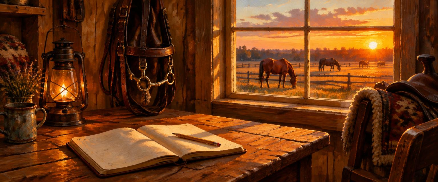 A lantern-lit tack room desk with an open notebook, horses grazing outside the window at sunset