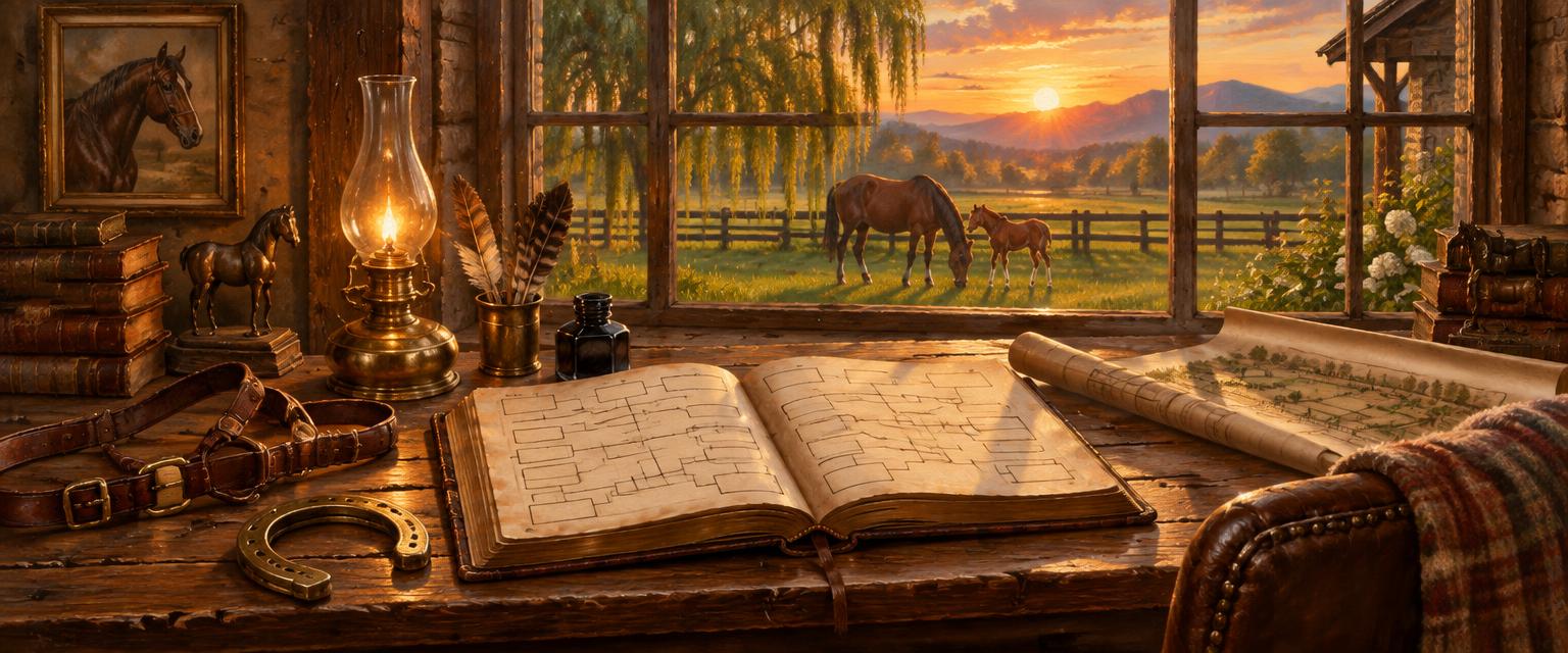 An open stud book on an oak desk, with a mare and foal grazing outside the window